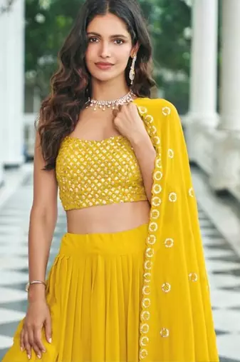 Yellow georgette free size stitched lehenga choli with sequin & thread 