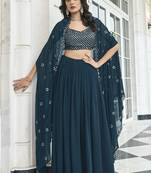 Teal blue georgette free size stitched lehenga choli with sequence & thread work