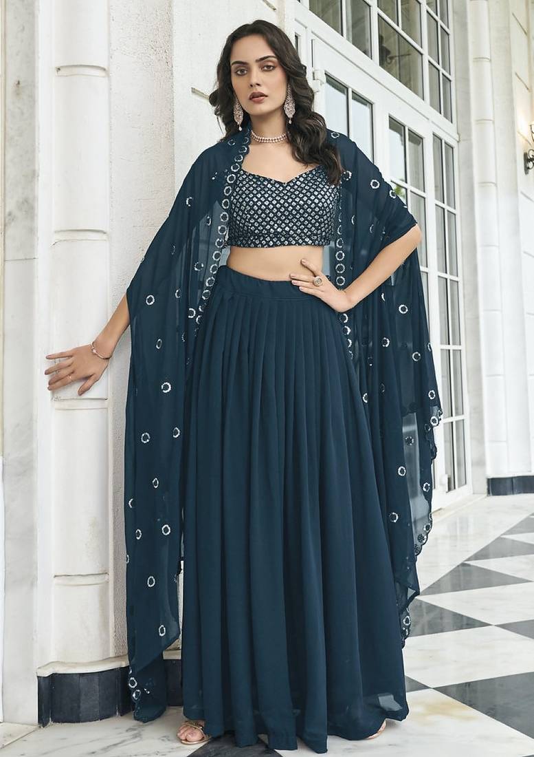 Teal blue georgette free size stitched lehenga choli with sequence & thread work