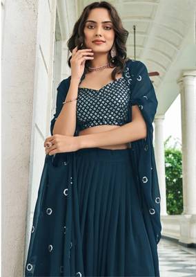 Teal blue georgette free size stitched lehenga choli with sequin & thread  2