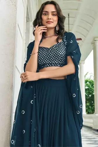 Teal blue georgette free size stitched lehenga choli with sequin & thread 
