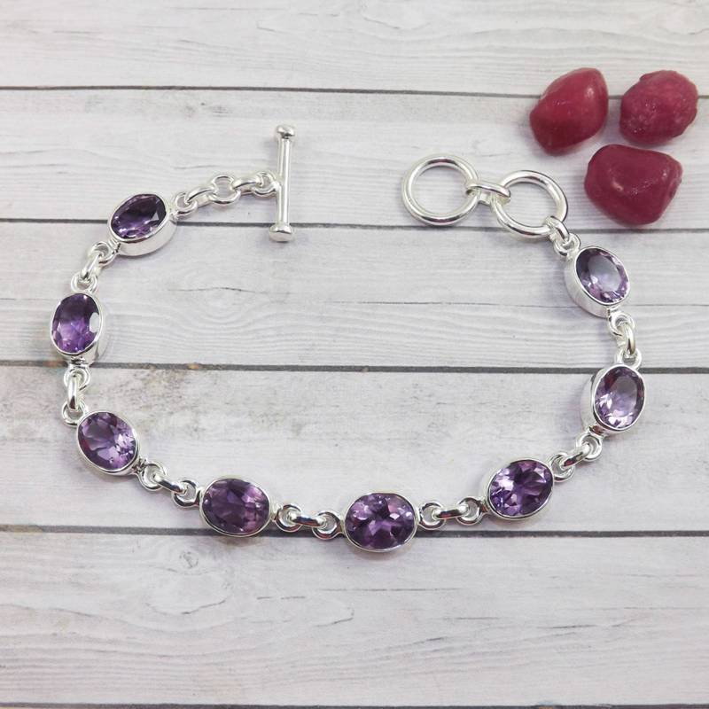 Eight amethyst stone silver bracelet | 925 sterling silver | handmade gemstone bracelet | statement jewelry for her