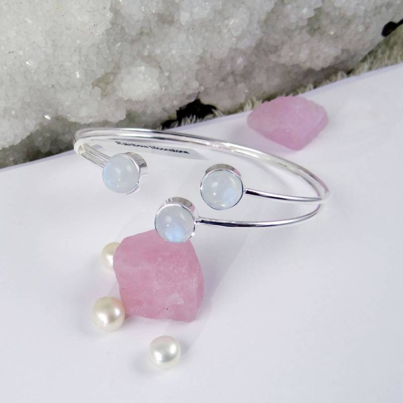 Rainbow moonstone sterling silver cuff bangle | adjustable 925 handmade jewelry | statement gemstone bracelet for her