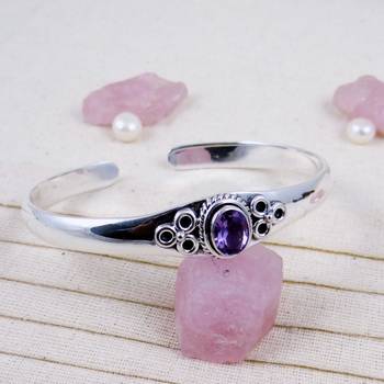 Handmade amethyst bangle | 925 sterling silver open cuff | adjustable gemstone bracelet | statement jewelry for her 2
