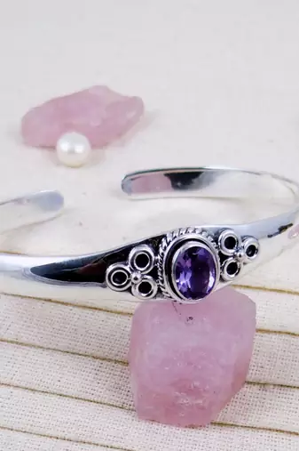 Handmade amethyst bangle | 925 sterling silver open cuff | adjustable gemstone bracelet | statement jewelry for her