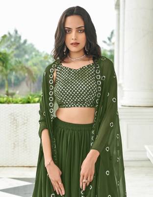 Mehendi georgette free size stitched lehenga choli with sequin & thread  2