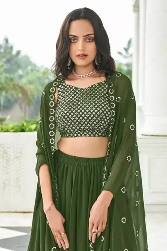 Mehendi georgette free size stitched lehenga choli with sequin & thread 