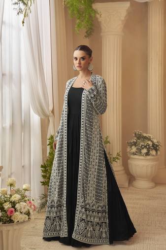 chinon silk embroidered Anarkali with jacket 