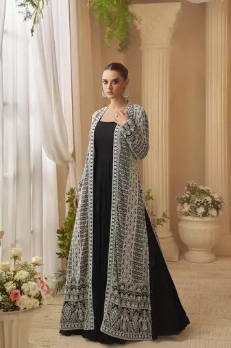 chinon silk embroidered Anarkali with jacket 