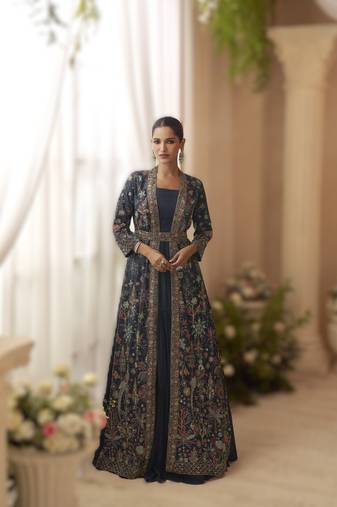 chinon silk embroidered Anarkali with jacket 
