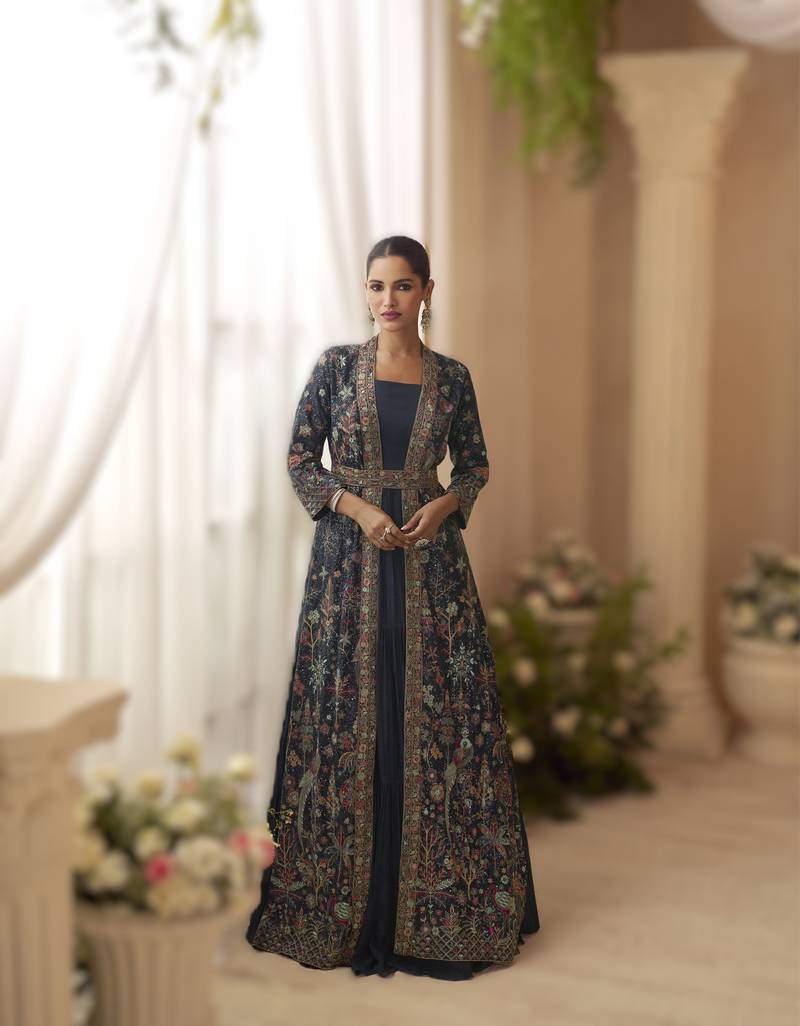 chinon silk embroidered Anarkali with jacket 