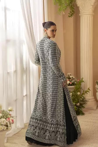 chinon silk embroidered anarkali with jacket 