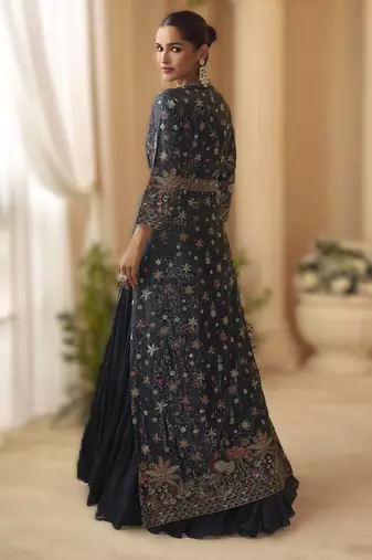 chinon silk embroidered anarkali with jacket 