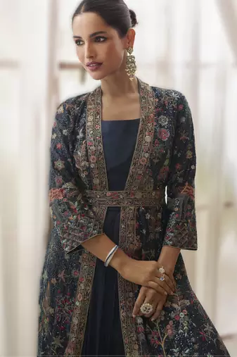 chinon silk embroidered anarkali with jacket 