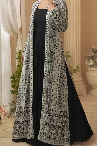 chinon silk embroidered anarkali with jacket 