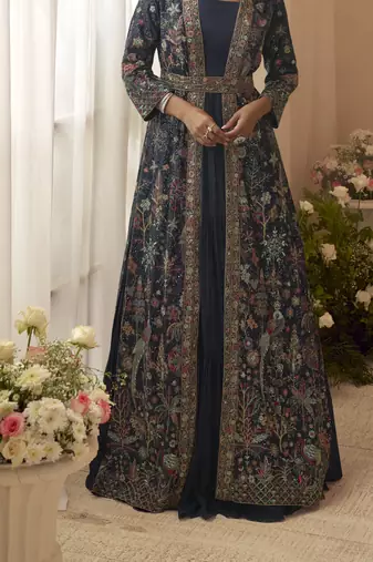 chinon silk embroidered anarkali with jacket 