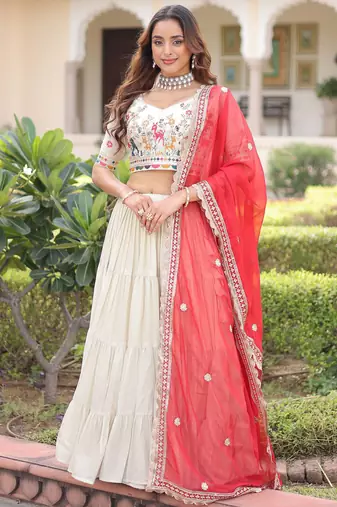Sparkling Off-White Embroidered Silk Wedding Wear Lehenga Choli