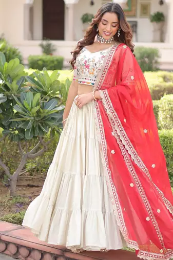 Sparkling Off-White Embroidered Silk Wedding Wear Lehenga Choli