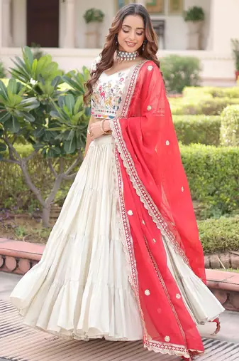 Sparkling Off-White Embroidered Silk Wedding Wear Lehenga Choli
