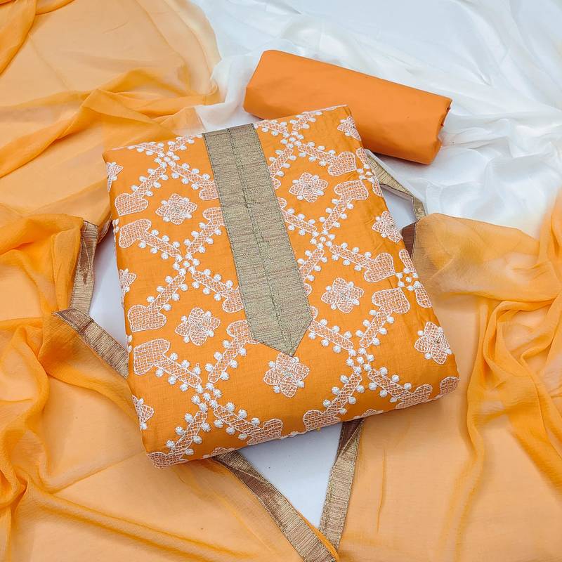 orange cotton embroidered dress material