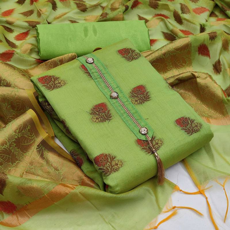 green jacquard woven dress material