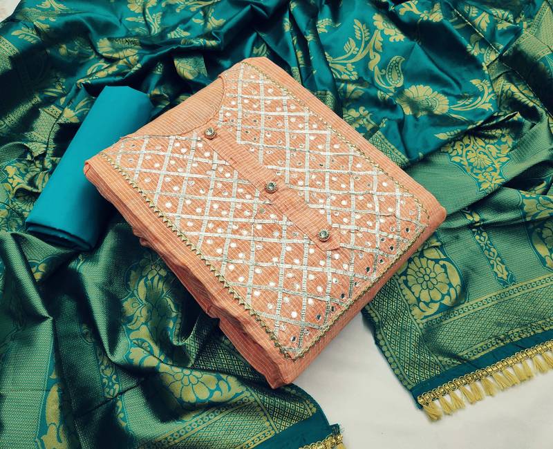 peach cotton hand embroidery dress material