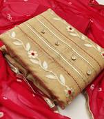 beige chanderi hand embroidery dress material
