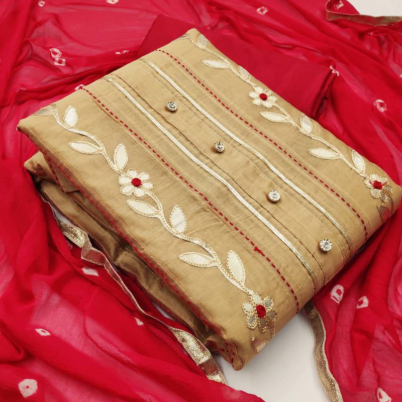 beige chanderi hand embroidery dress material