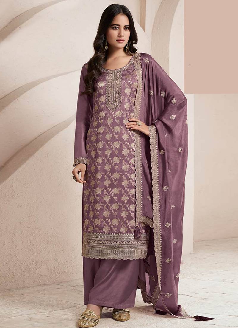lilac Jacquard work silk blend dark trendy salwar kameez