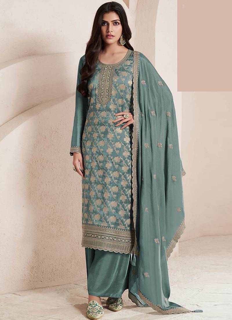 teal Jacquard work silk blend light trendy salwar kameez