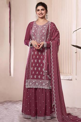 Burgundy sequin and thread embroidery palazzo suit