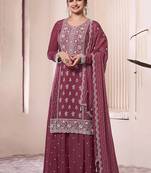 Burgundy sequin and thread embroidery palazzo suit