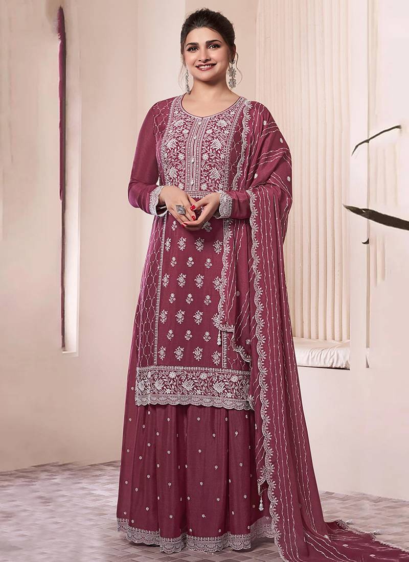 Burgundy sequin and thread embroidery palazzo suit