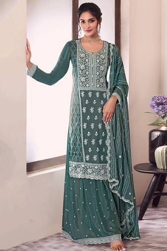 Teal green sequin and thread embroidery palazzo suit