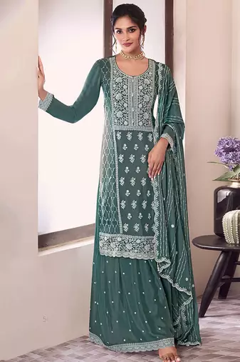 Teal green sequin and thread embroidery palazzo suit