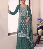 Teal green sequin and thread embroidery palazzo suit