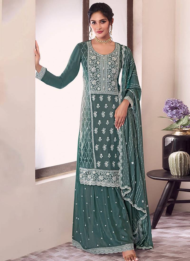 Teal green sequin and thread embroidery palazzo suit