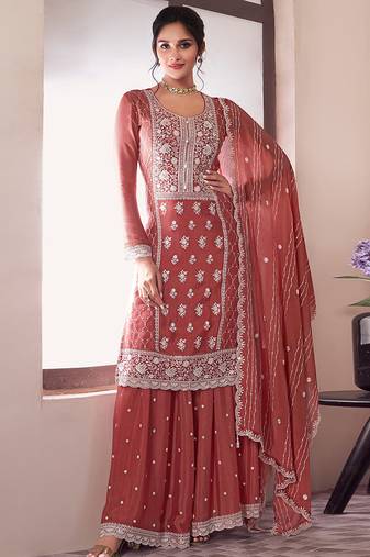 Dark peach sequin and thread embroidery palazzo suit