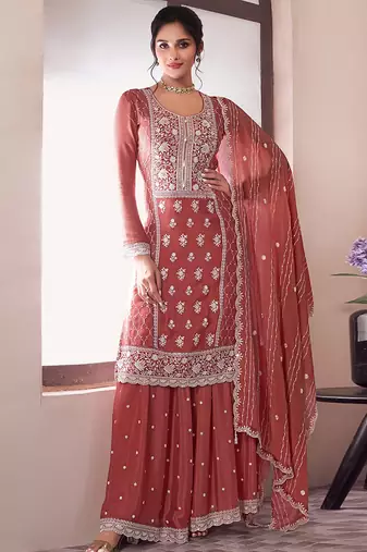 Dark peach sequin and thread embroidery palazzo suit