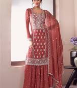 Dark peach sequin and thread embroidery palazzo suit