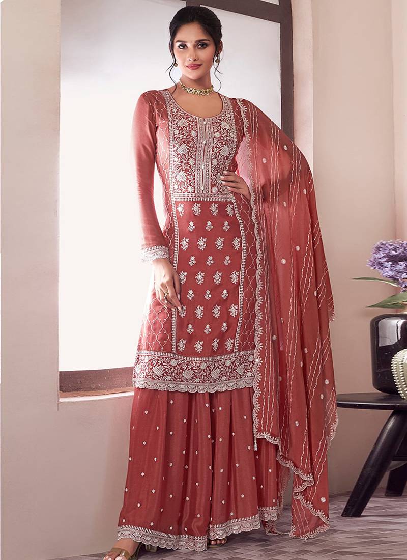 Dark peach sequin and thread embroidery palazzo suit