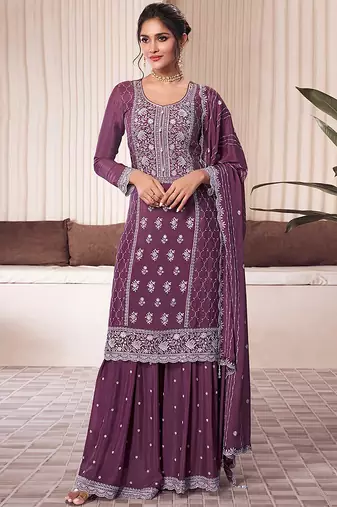 Purple sequin and thread embroidery palazzo suit