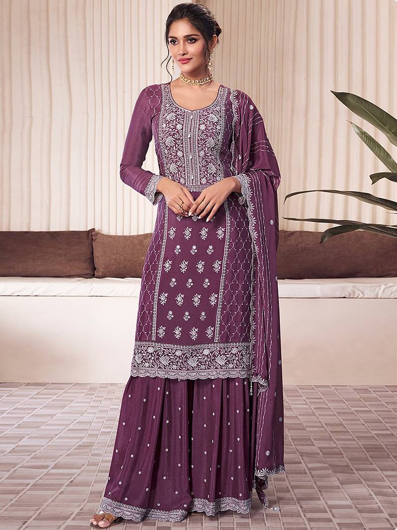 Purple sequin and thread embroidery palazzo suit