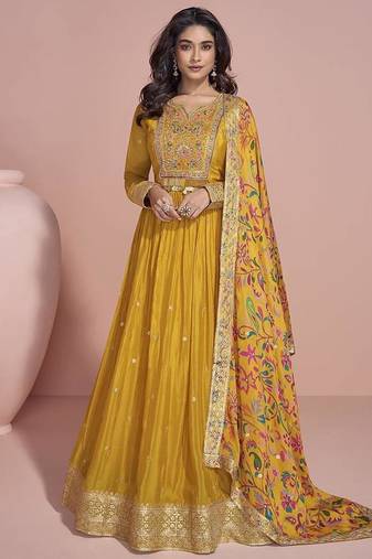 Mustard  chinon silk anarkali long gown with printed dupatta