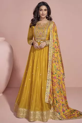 Mustard  chinon silk anarkali long gown with printed dupatta