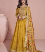 Mustard  chinon silk anarkali long gown with printed dupatta