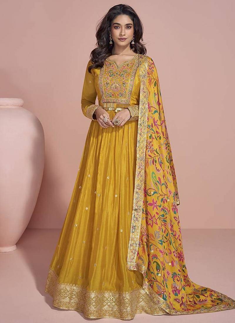 Mustard  chinon silk anarkali long gown with printed dupatta