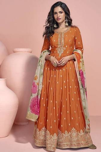 Orange  chinon silk anarkali long gown with printed dupatta
