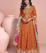 Orange  chinon silk anarkali long gown with printed dupatta