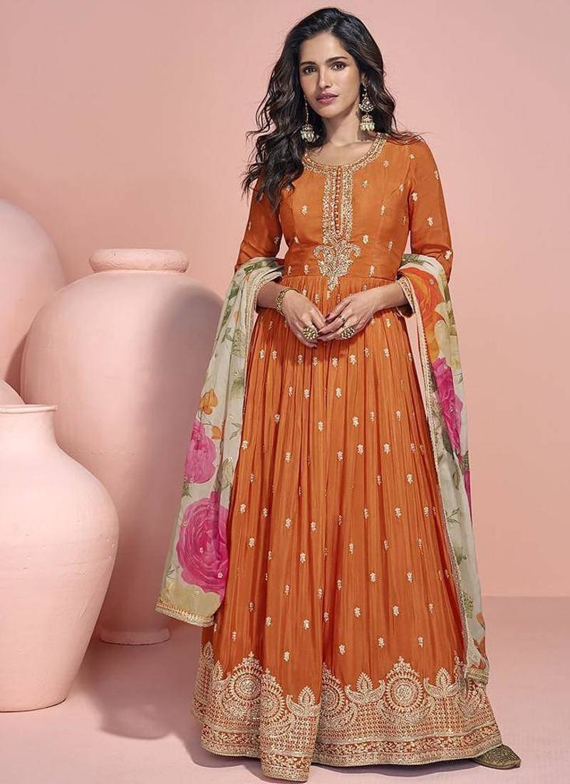 Orange  chinon silk anarkali long gown with printed dupatta